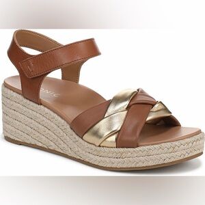 VIONIC Saratoga Brown Gold Women's Wedge Velcro leather Sandals NEW W FLAW* W7.5